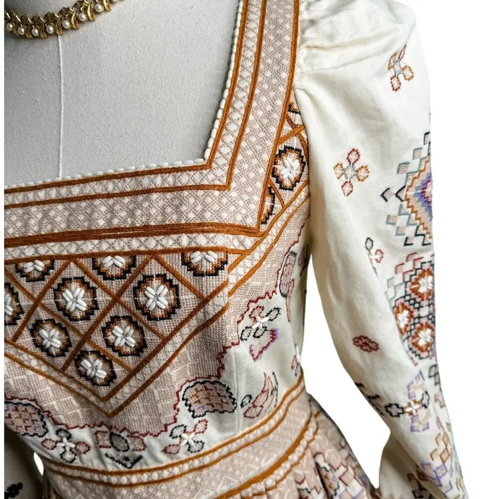 Ulla Johnson Adilah Beaded Embroidered Cotton Linen Mini Dress Ochre size 0